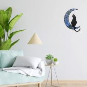 Veraart Epoksili Ahşap Aydaki Kedi Figürlü Duvar Dekorlu  Gece Lambası Mavi Yeşil  40 cm - 6