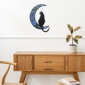 Veraart Epoksili Ahşap Aydaki Kedi Figürlü Duvar Dekorlu  Gece Lambası Mavi Yeşil  40 cm - 9
