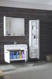 YENİ GOLD BEYAZ GRI (80+35 )115 cm Boy Dolaplı Banyo Takımı- HAZIR KURULU - 2