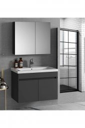 Viola Antrasit 80 Cm Mdf Aynalı Banyo Dolabı-Lavabolu Banyo Dolabı Takımı- - 1