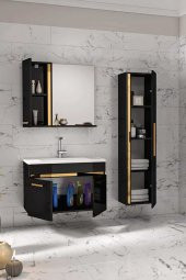 Yeni Gold SİYAH (80+35) 115 Cm Boy Dolaplı Banyo Takımı-HAZIR KURULU - 2