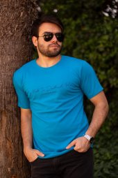 Erkek Turkuaz El Yazısı İmza Baskı Kısa Kollu Bisiklet Yaka Erkek T-Shirt 22ETSHEYAZ - 1