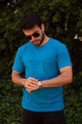 Erkek Turkuaz El Yazısı İmza Baskı Kısa Kollu Bisiklet Yaka Erkek T-Shirt 22ETSHEYAZ - 5
