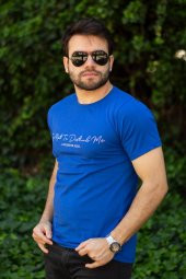 Erkek Mavi El Yazısı İmza Baskı Kısa Kollu Bisiklet Yaka Erkek T-Shirt 22ETSHEYAZ - 3