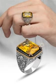 Sarı Sitrin Taşlı Oyma Motifli 925 Gümüş Erkek Yüzük thumbnail 7