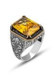 Sarı Sitrin Taşlı Oyma Motifli 925 Gümüş Erkek Yüzük thumbnail 8