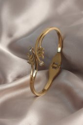 Erb 316L Çelik Gold Renk Filiz Model Zirkon Taşlı Kadın Kelepçe - 1