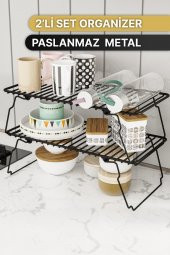 Bino Dolap İçi Düzenleyici 2 ADET Mutfak Rafı Tabak Bardak Rafı Mat Siyah Paslanmaz Metal Organizer - 2