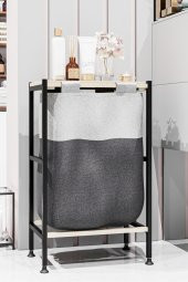 Bino Banyo Düzenleyici Çamaşır Sepeti Ahşap Raflı Kirli Sepeti Keten Kumaşlı Organizer - 1
