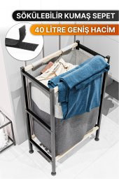 Bino Banyo Düzenleyici Çamaşır Sepeti Ahşap Raflı Kirli Sepeti Keten Kumaşlı Organizer - 2