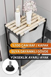 Bino Banyo Düzenleyici Çamaşır Sepeti Ahşap Raflı Kirli Sepeti Keten Kumaşlı Organizer - 3