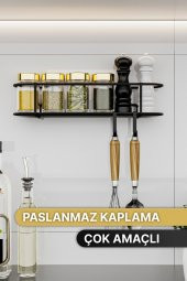 Bino Baharatlık Lüks Metal Siyah Mutfak Rafı Banyo Rafı Yapışkanlı Kancalı Tasarım Tuzluk Askılık - 2