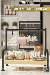 Bino Masaüstü Mutfak Rafı Düzenleyici Kahve Fincanı Kupa Bardak Askısı 6 Kancalı Ahşap Raf Organizer - 3