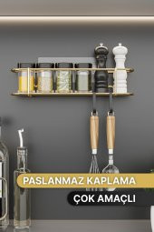 Bino Baharatlık Lüks Metal Gold Mutfak Rafı Banyo Rafı Yapışkanlı Kancalı Şık Tasarım Tuzluk Askılık - 5