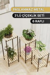 Bino Saksılık 3 LÜ SET AHŞAP Çiçeklik Dekoratif Lüks Bahçe Mobilyası Saksı Standı Bahçe Balkon Rafı - 1