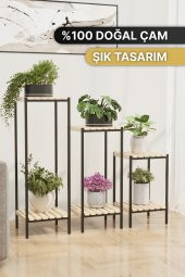 Bino Saksılık 3 LÜ SET AHŞAP Çiçeklik Dekoratif Lüks Bahçe Mobilyası Saksı Standı Bahçe Balkon Rafı - 3