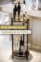 Bino Bahçe Balkon Çiçeklik Saksı Standı Dekoratif Lüks Metal 2 Katlı Saksılık Servis Sunum Tepsileri - 3