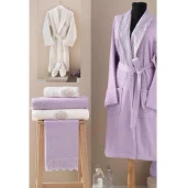 Maxstyle Bamboo Bornoz Aile Banyo Seti Mürdüm/Krem Ela - 1