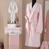 Maxstyle Bamboo Bornoz Aile Banyo Seti Pudra/Krem Güldem - 1