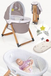 Kiwi Sleeper All İnOne Naturel Ahşap Sallanabilen Katlanır Tekerli Bebek Beşiği Yaprak Desenli Kahve - 1