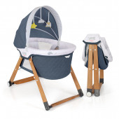 Kiwi Sleeper All İn One Naturel Ahşap Sallanabilen Katlanır Tekerli Bebek Beşiği Yaprak Desenli Mavi - 1