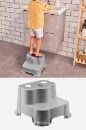 Flosoft Kaydırmaz Çocuk Taburesi Çift Basamaklı, Çocuk Banyo Lavabo Basamak Merdiven Yükseltici Gri - 1