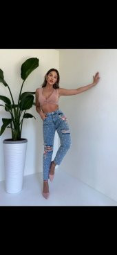 MAVİ İNCİ VE ÇİÇEK DETAYLI JEAN - 3