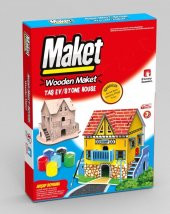 Ahşap Taş Ev Maket Boyama Seti, 6lı Boya Ve Fırça Dahil - 1