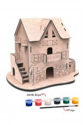 Ahşap Taş Ev Maket Boyama Seti, 6lı Boya Ve Fırça Dahil - 3