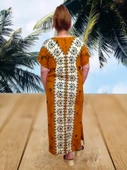 Taş Baskı Desenli Uzun Elbise - Hardal Renk - S/M Beden - 4