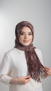 Kahverengi Pratik Hazır Geçmeli Tesettür Eşarp Kesik Elyaf Piliseli Çiçek Desenli 1818D6_14 - 2