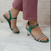 Fiyra 7027 Yeşil 7cm Kadeh Topuk Üçbant Taşlı Bayan Abiye Ayakkabı - 5