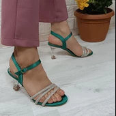 Fiyra 7027 Yeşil 7cm Kadeh Topuk Üçbant Taşlı Bayan Abiye Ayakkabı - 6