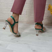 Fiyra 7027 Yeşil 7cm Kadeh Topuk Üçbant Taşlı Bayan Abiye Ayakkabı - 7