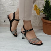 Fiyra 7027 Siyah 7cm Kadeh Topuk Üçbant Taşlı Bayan Abiye Ayakkabı - 9