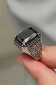 Siyah Taşlı Oyma Motifli 925 Gümüş Erkek Yüzük - 2