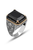 Siyah Taşlı Oyma Motifli 925 Gümüş Erkek Yüzük - 9