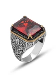 Kırmızı Taşlı Oyma Motifli 925 Gümüş Erkek Yüzük thumbnail 2