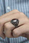 Oval Kırmızı Taşlı 925 Gümüş Erkek Yüzük - 1