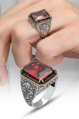 Kırmızı Taşlı Oyma Motifli 925 Gümüş Erkek Yüzük thumbnail 3
