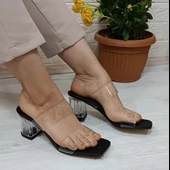 Fiyra 7026 Siyah 5cm Kare Cam Topuklu Bayan Şeffaf Bantlı Terlik - 1