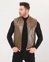 HAKİKİ DERİ BİSİKLET YAKA İÇİ KÜRKLÜ YELEK KAHVE RENK - 1