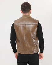 HAKİKİ DERİ BİSİKLET YAKA İÇİ KÜRKLÜ YELEK KAHVE RENK - 3