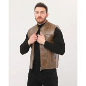 HAKİKİ DERİ BİSİKLET YAKA İÇİ KÜRKLÜ YELEK KAHVE RENK - 4