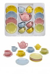 17 Parça Renkli Puantiyeli Porselen Çay Takımı Oyuncak Evcilik Seti thumbnail 1