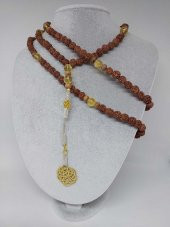 Rudraksha Tohumlu Sitrin Taşlı 108lik El Yapımı Bakır Kazazlı Mala Kolye thumbnail 1