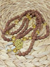Rudraksha Tohumlu Sitrin Taşlı 108lik El Yapımı Bakır Kazazlı Mala Kolye thumbnail 4