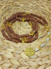 Rudraksha Tohumlu Sitrin Taşlı 108lik El Yapımı Bakır Kazazlı Mala Kolye thumbnail 6