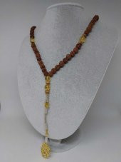 Rudraksha Tohumlu Sitrin Taşlı 108lik El Yapımı Bakır Kazazlı Mala Kolye thumbnail 7