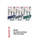 SWORD 3 metre Micro Hızlı Şarj ve Data Kablosu - 1